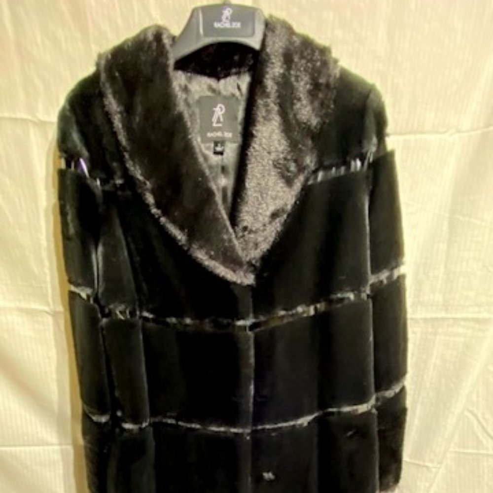 Rachel Zoe black faux fur long with patent leather trim Large